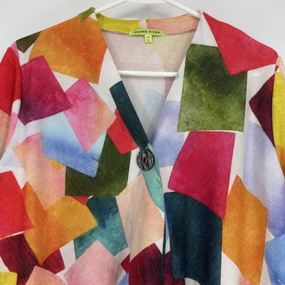 Trisha Tyler Jacket Womens Petite Medium Multicolor Abstract Single Button Drape - Picture 2 of 11
